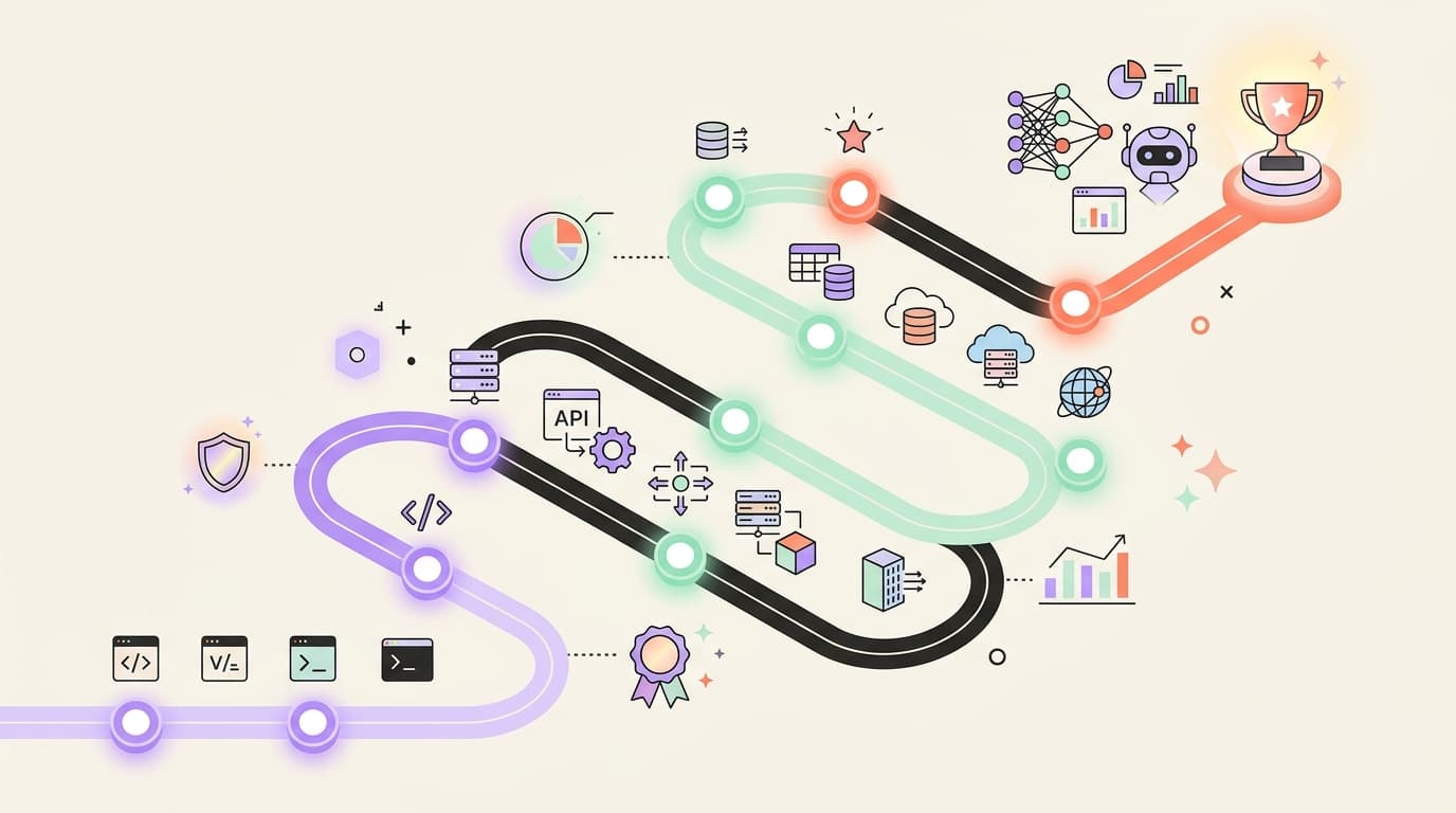 Visual tech roadmap ascending from coding fundamentals to full stack architectures and AI milestones
