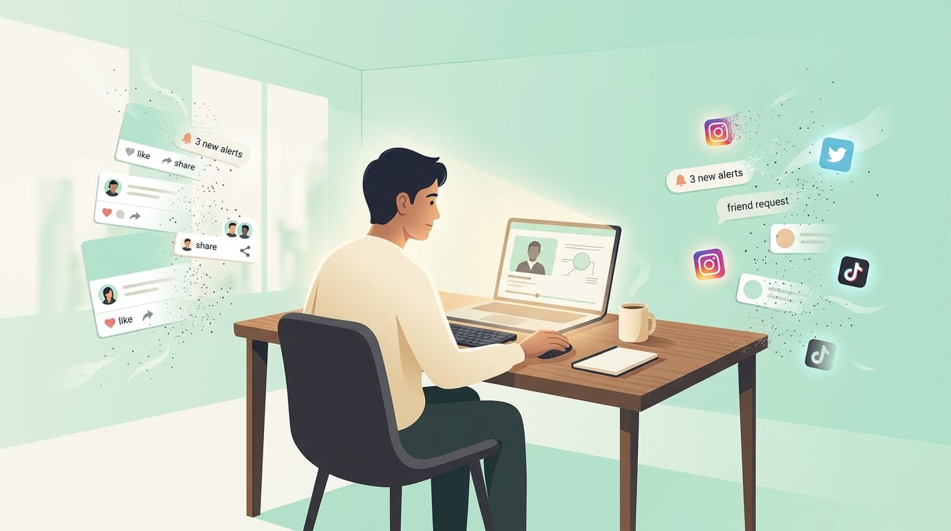 Student learning calmly in a distraction-free player with social feeds dissolving into thin air