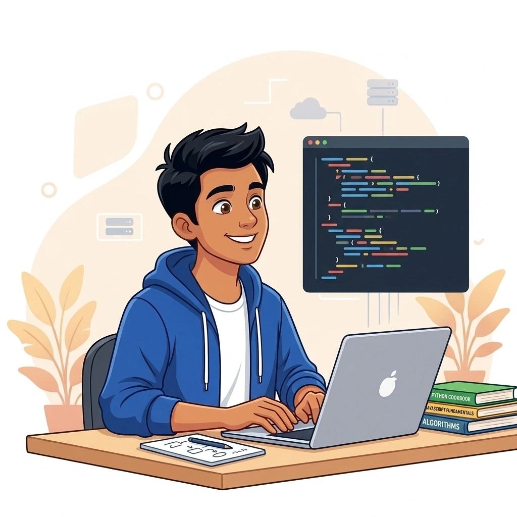 Student actively learning programming skills and tech stacks on laptop