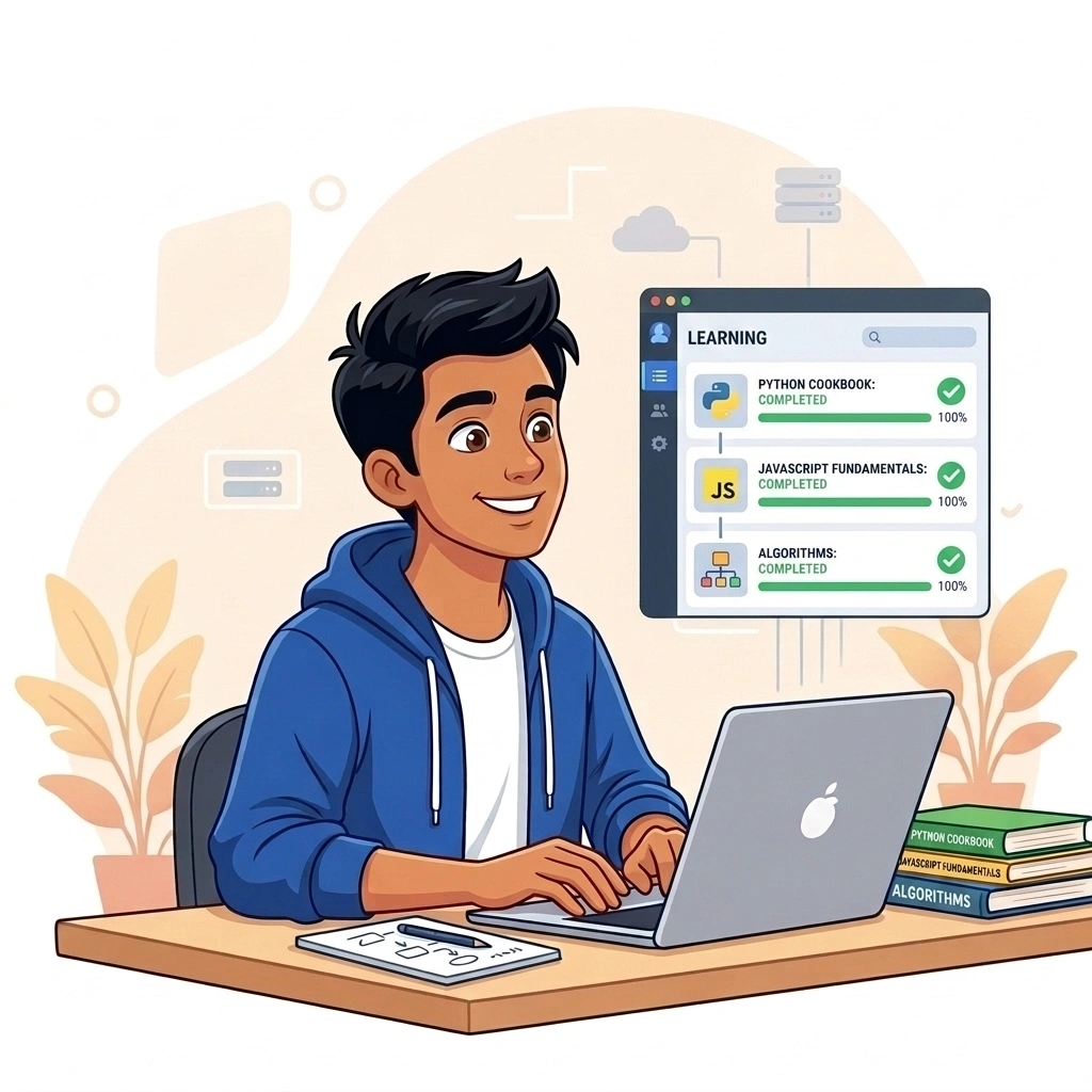 Student reviewing learning analytics and completed skill checkmarks