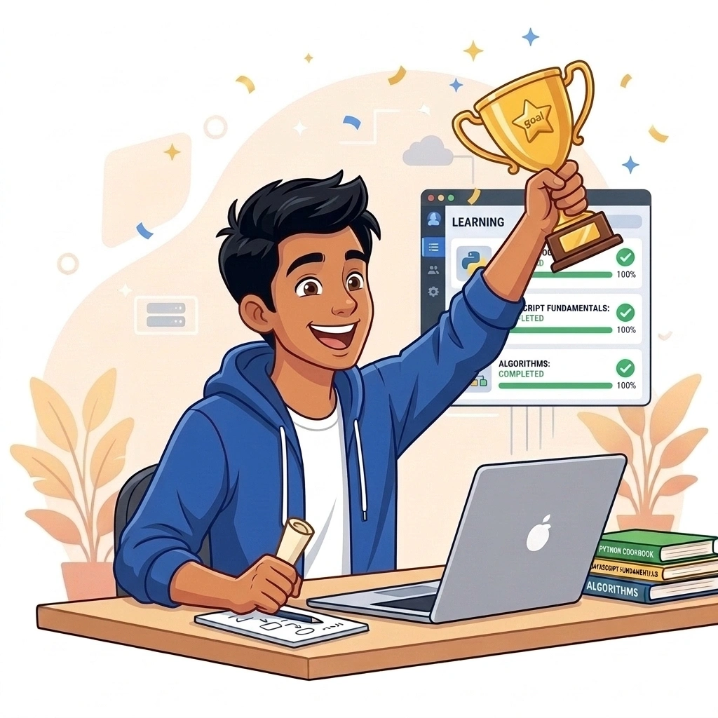 Student triumphantly celebrating learning milestone with golden trophy