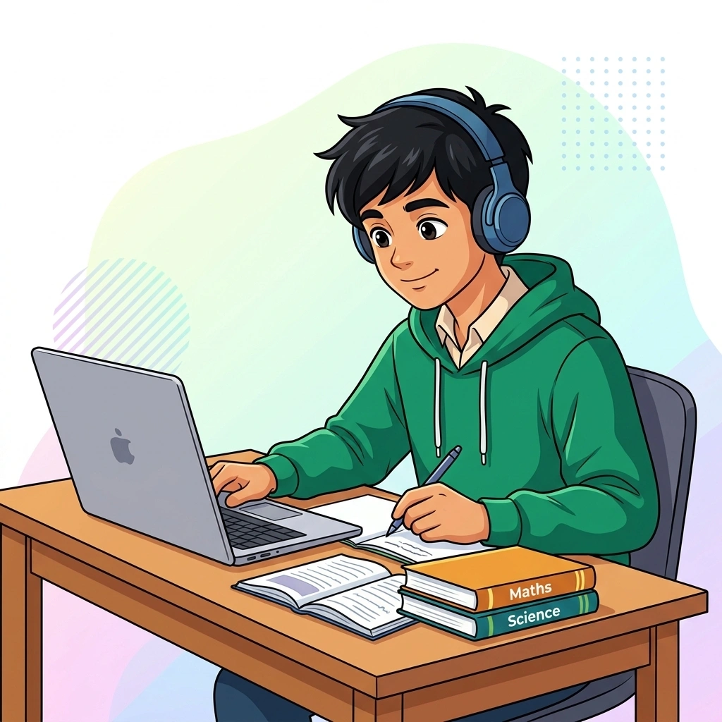 School student watching video lesson with headphones and taking notes