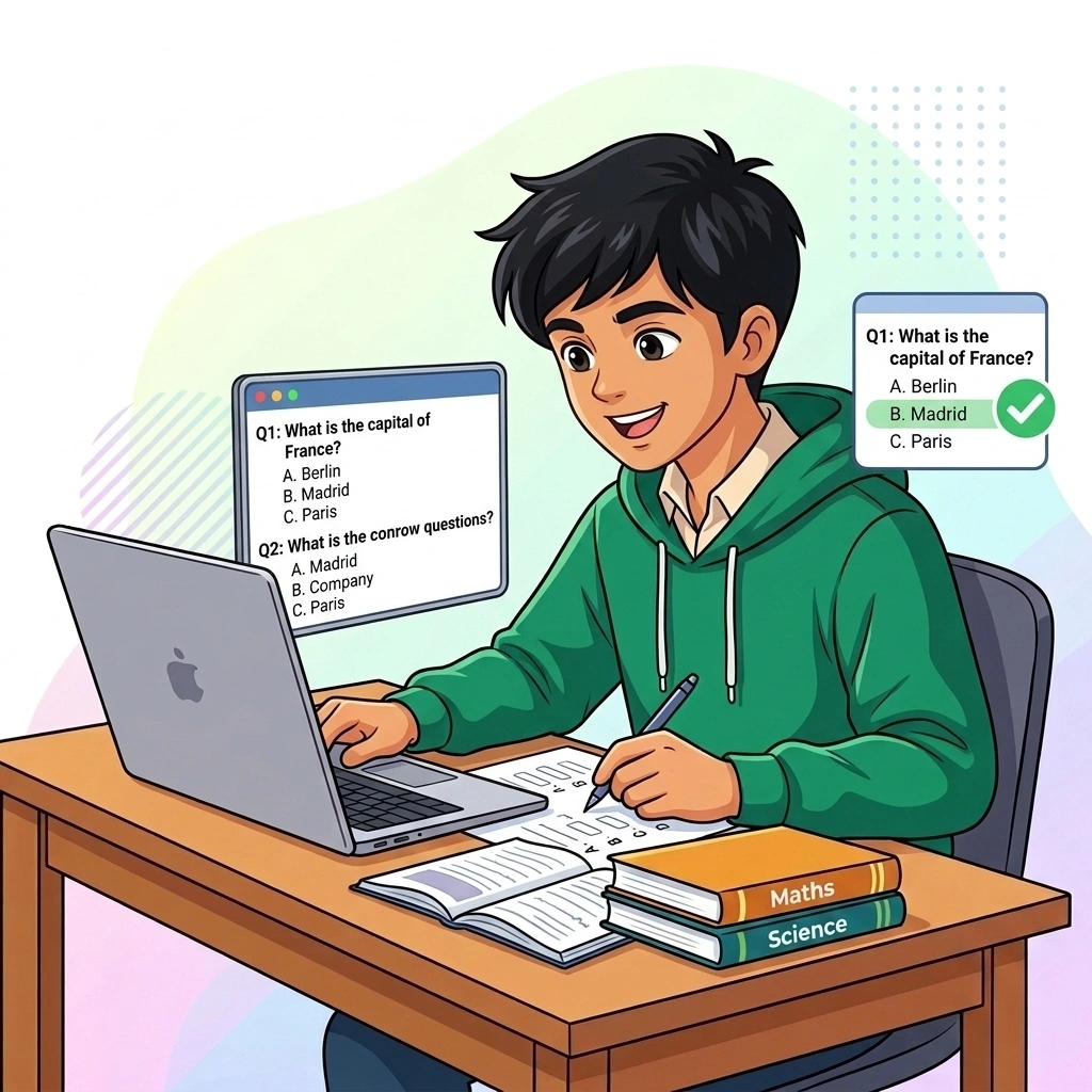 School student actively solving chapter test MCQs and practice questions