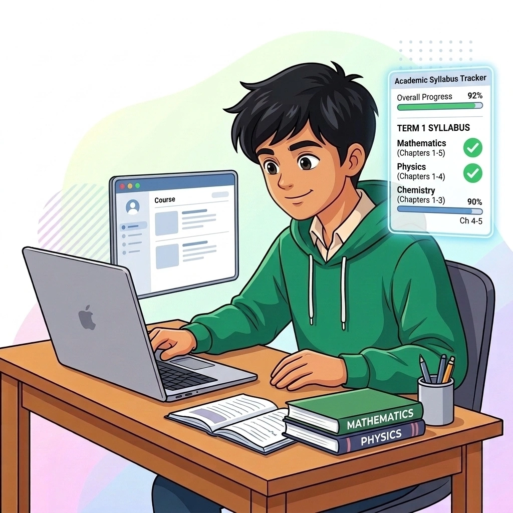 School student tracking academic syllabus checklist on laptop