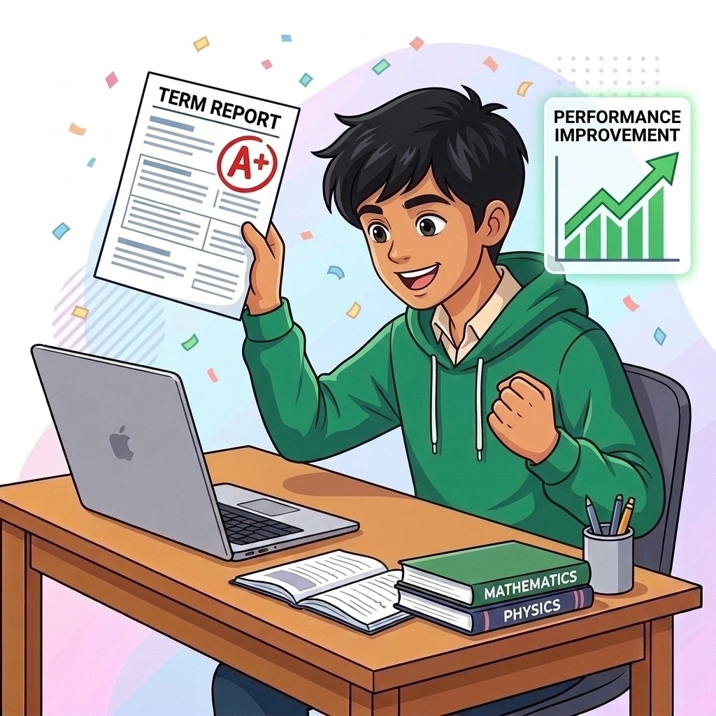School student celebrating high grade A+ report card result